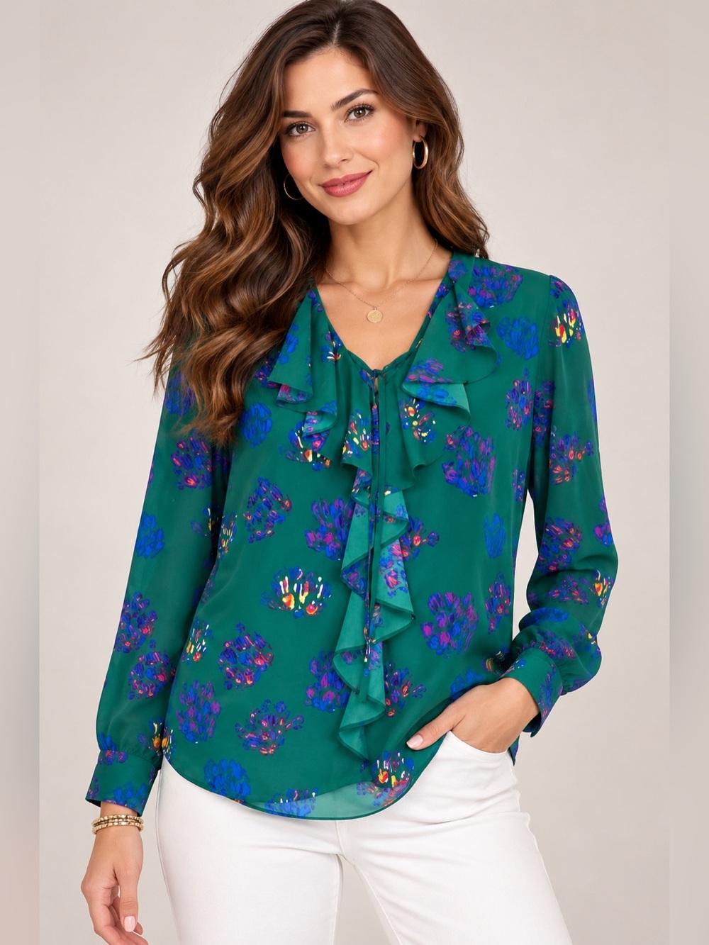 Eclair Green Abstract Print Ruffle Front Blouse | Size L